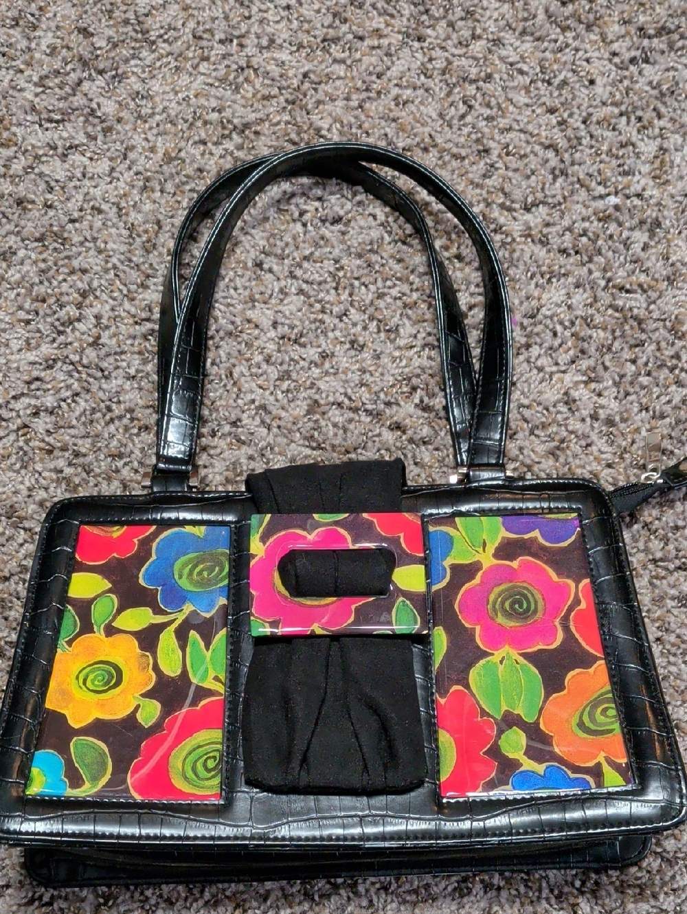 Vintage Angela Frascone Black Floral Accent Tote Bag - Vibrant Multicolor Panels